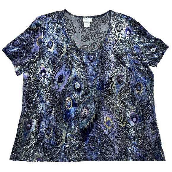 VTG Velvet Burnout Peacock Feather Print Stretch Top XL - Picture 1 of 13